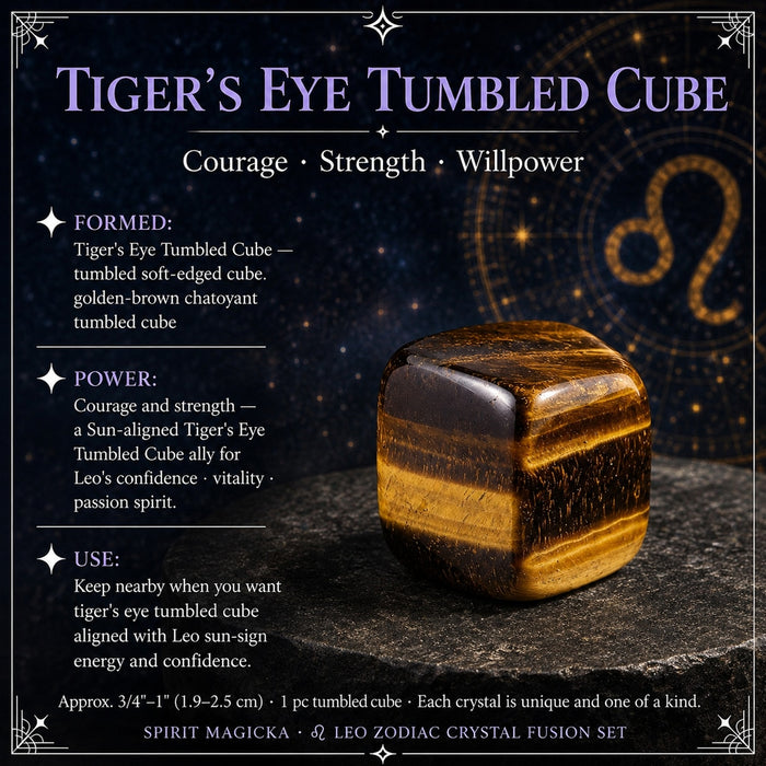 Tiger’s eye cube with softly tumbled edges and golden-brown bands