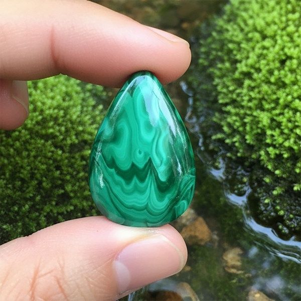Green banded malachite teardrop cabochon held between thumb and finger