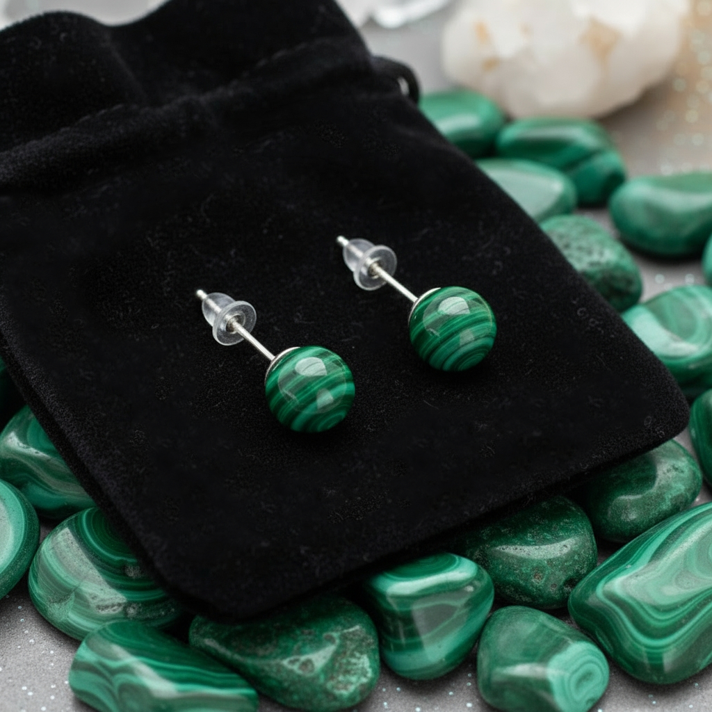 The pair of malachite studs with their posts and clear backs, laid on a black velvet drawstring pouch among tumbled malachite