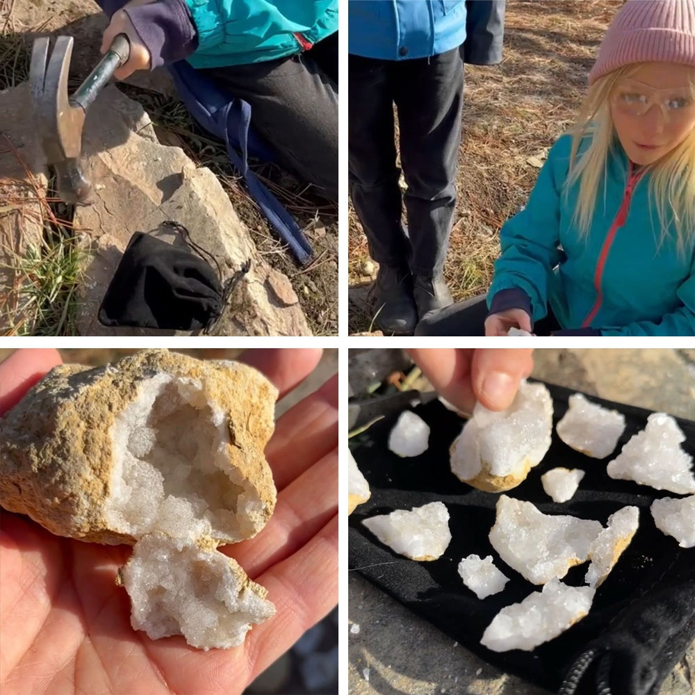 Four photos: a child taps the geode in its velvet bag with a hammer, a girl in safety glasses watches, a hand holds the opened geode, and the white quartz pieces lie on the bag