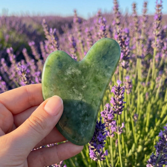A heart-shaped nephrite jade gua sha stone held up in front of a lavender field