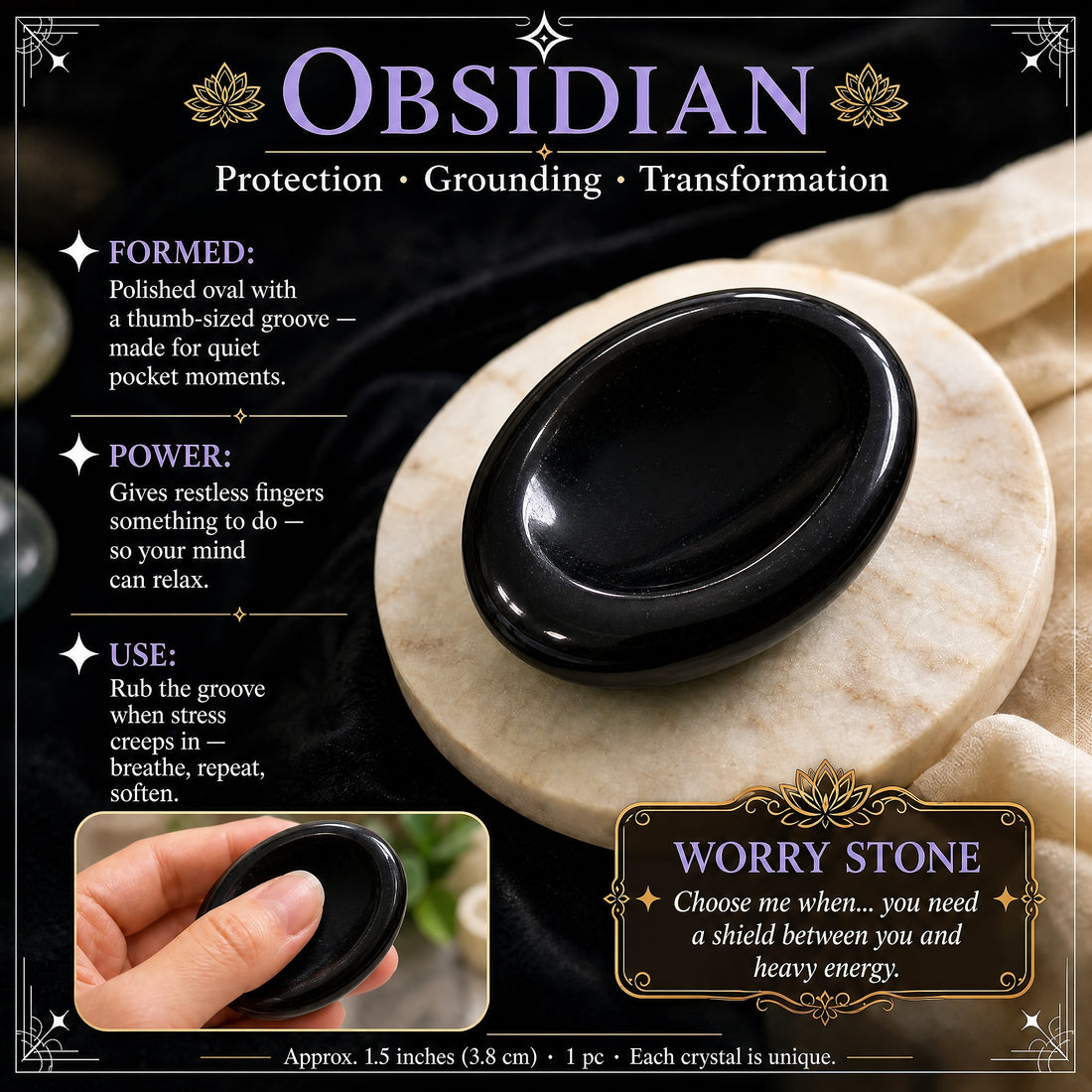 Polished black obsidian worry stone on a marble coaster, with an inset of a thumb resting in its oval groove