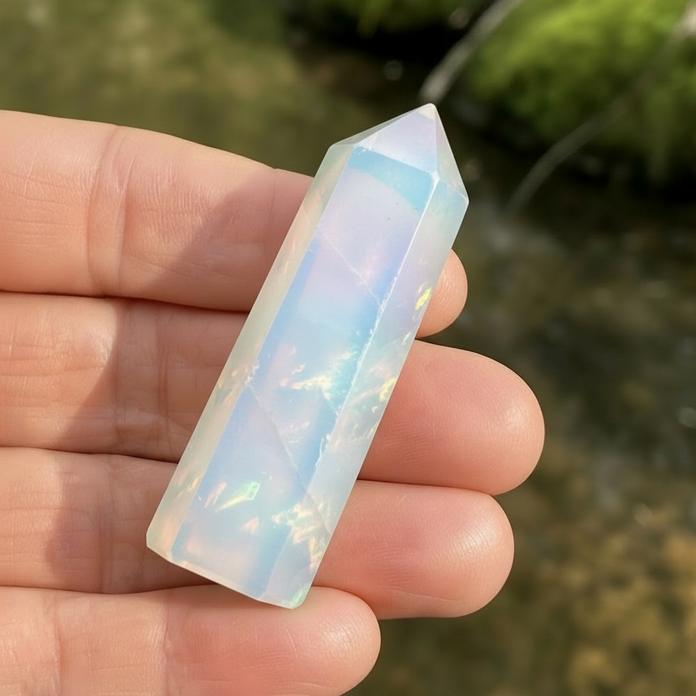 An opalite mini point resting across the fingers, glowing milky blue with peach and gold flashes