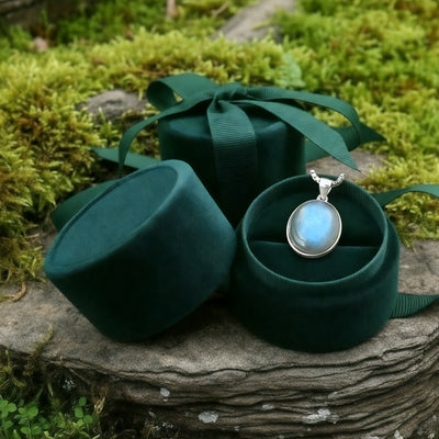 The rainbow moonstone pendant resting in an open round green velvet jewelry box on a mossy stone