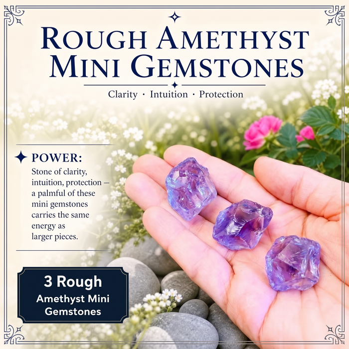 Three rough lilac amethyst pieces resting in an open palm
