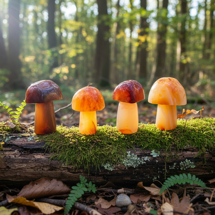 Four orange carnelian mushrooms on a mossy log