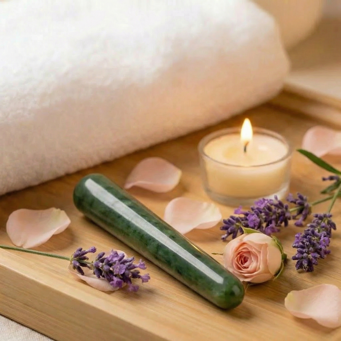 A slim, polished deep green nephrite jade massage wand on a wooden tray with rose petals, lavender and a candle