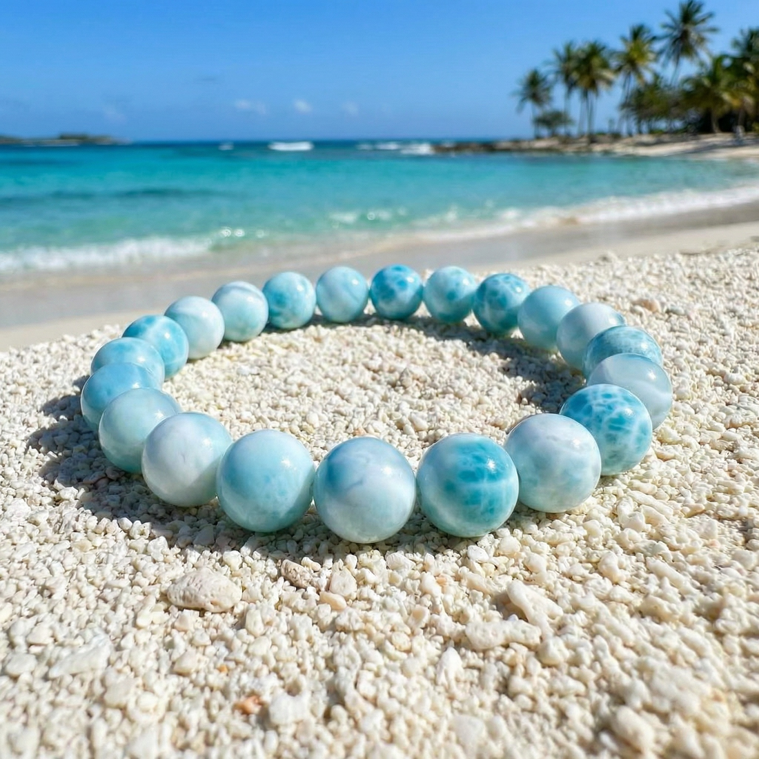 Larimar bead bracelet resting on white coral sand, each round bead marbled in soft sea blue and white