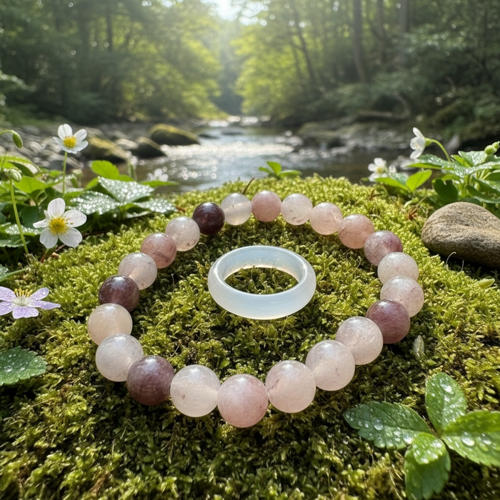 Purple aventurine mala bracelet laid in a circle on moss