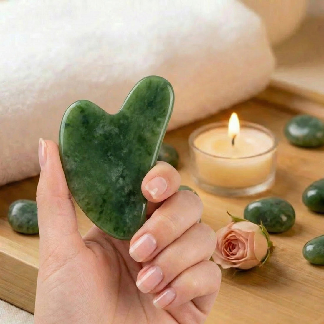 A hand holding a polished deep green nephrite jade gua sha stone with a curved notch, beside a candle and tumbled stones