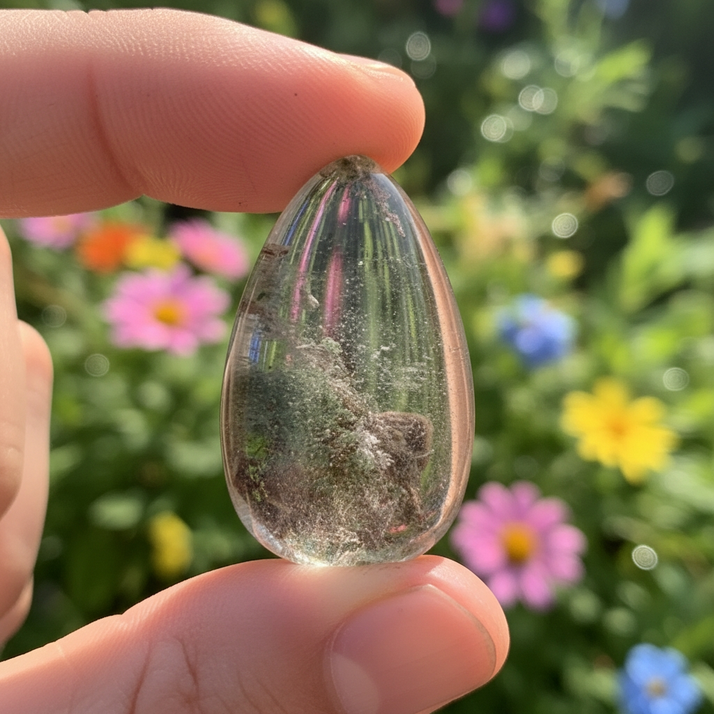 A clear garden quartz teardrop held between finger and thumb, with green and earthy inclusions inside, in front of a flower garden