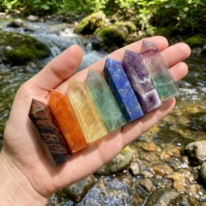 Seven mini crystal points in rainbow order lying across an open palm above a stream