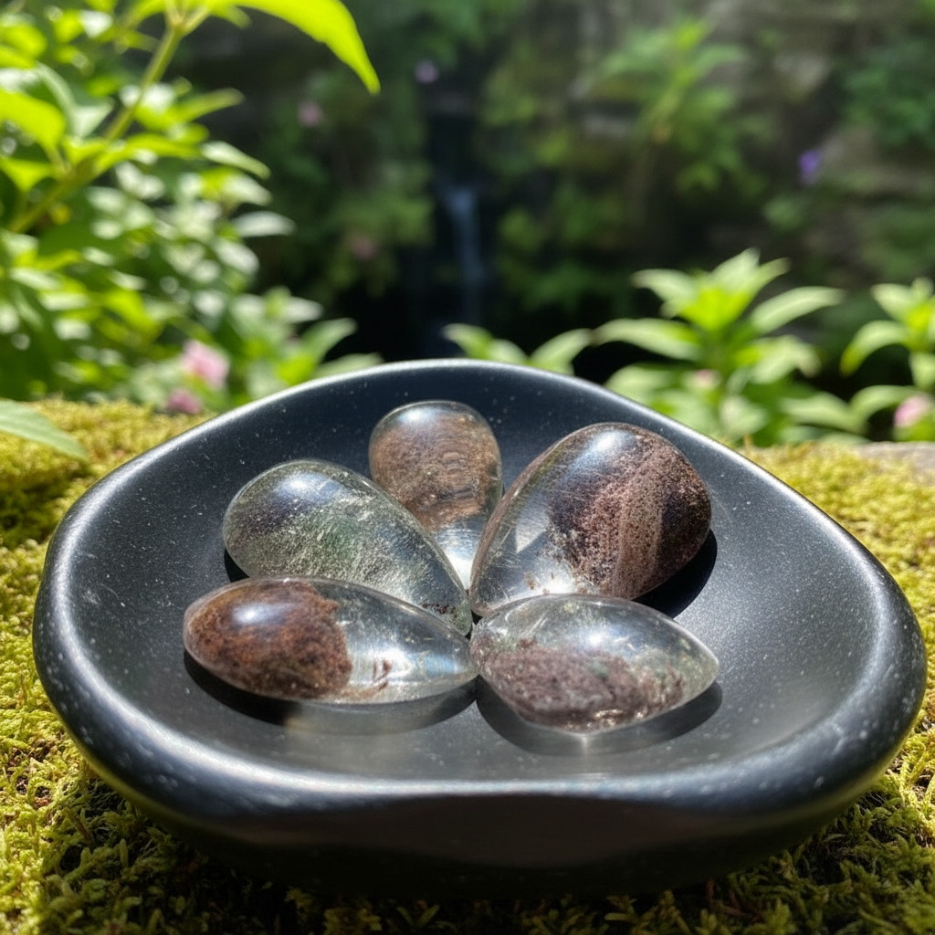 Five garden quartz teardrop cabochons in a dark stone dish on moss, each with a different pattern of inclusions