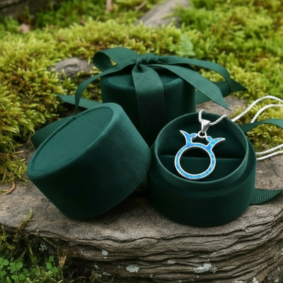 The Taurus opal pendant resting in an open round green velvet jewelry box on a mossy stone