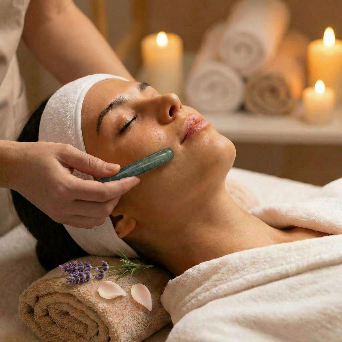 A nephrite jade massage wand pressed gently along the cheek during a relaxing spa facial