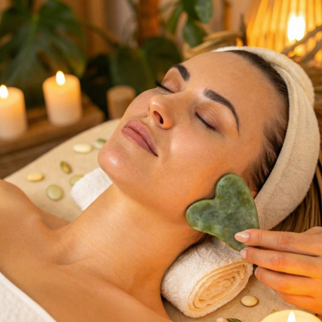 A relaxed woman with eyes closed as a green jade gua sha stone glides along her jaw in a candlelit spa setting