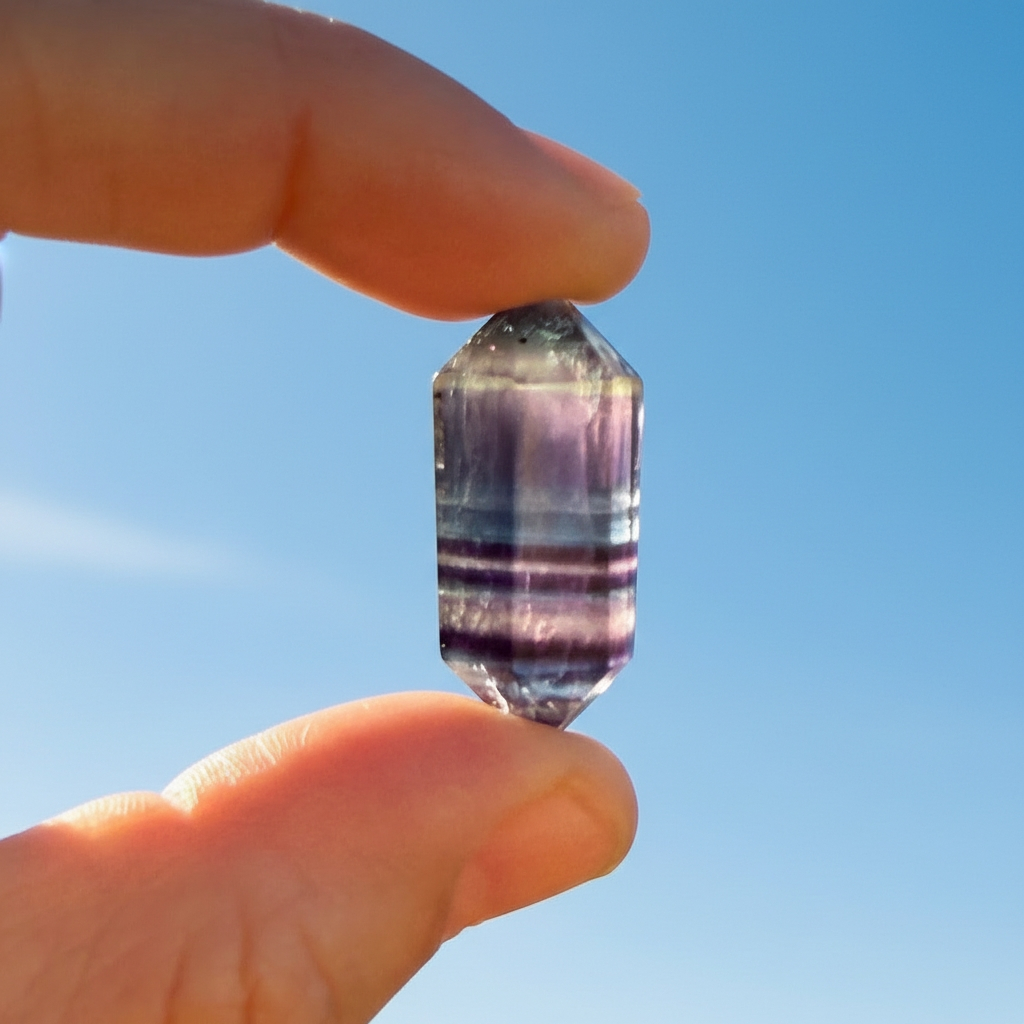 One mini rainbow fluorite double point pinched between finger and thumb against a blue sky, showing a point at each end and purple and green bands