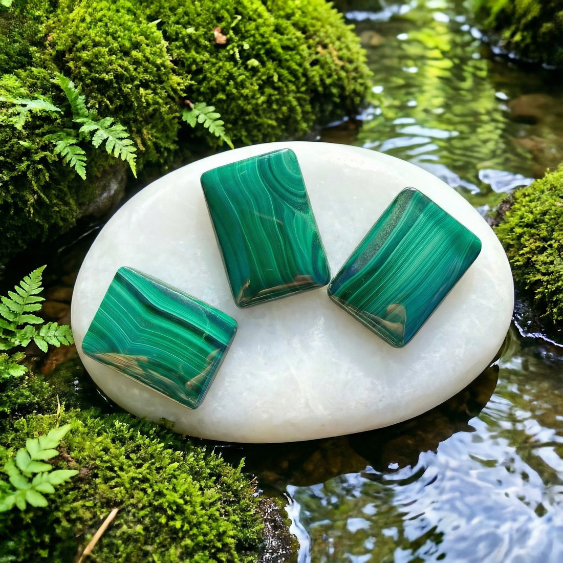 Three rectangular malachite cabochons on a white stone beside a mossy stream, each with a different banding pattern