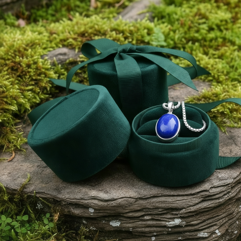 The lapis pendant and chain nestled in an open round green velvet jewelry box on a mossy stone