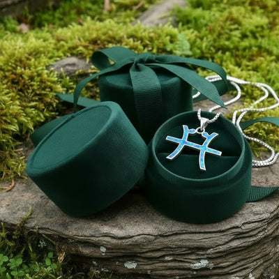 The Pisces opal pendant resting in an open round green velvet jewelry box on a mossy stone