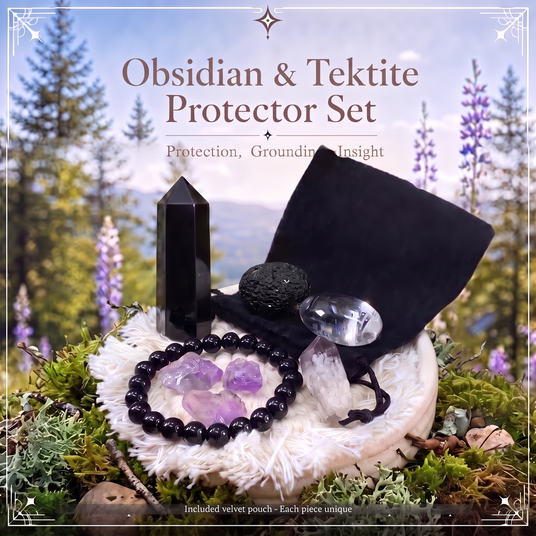 Black obsidian point, tektite, clear quartz ellipse, quartz shard, obsidian bead bracelet and three rough amethyst gathered beside a black velvet pouch on moss