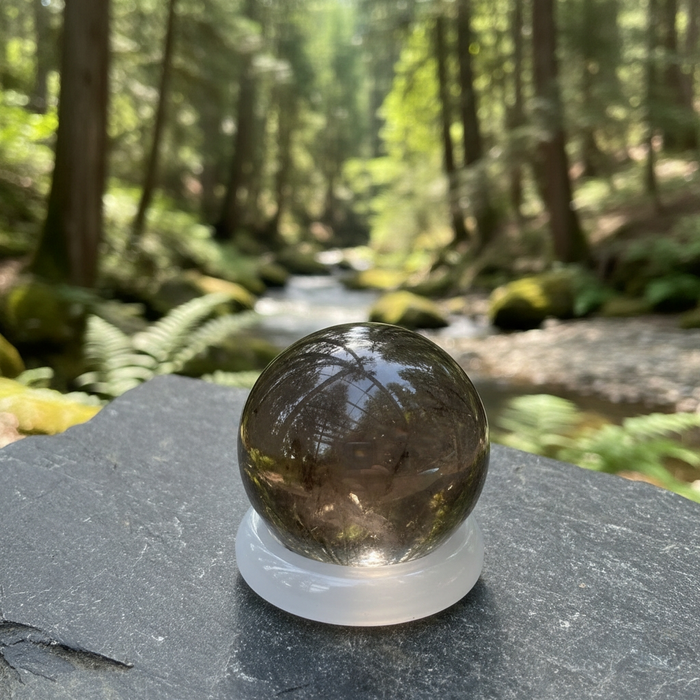Smoky quartz mini sphere resting on a pale ring on a slate stone