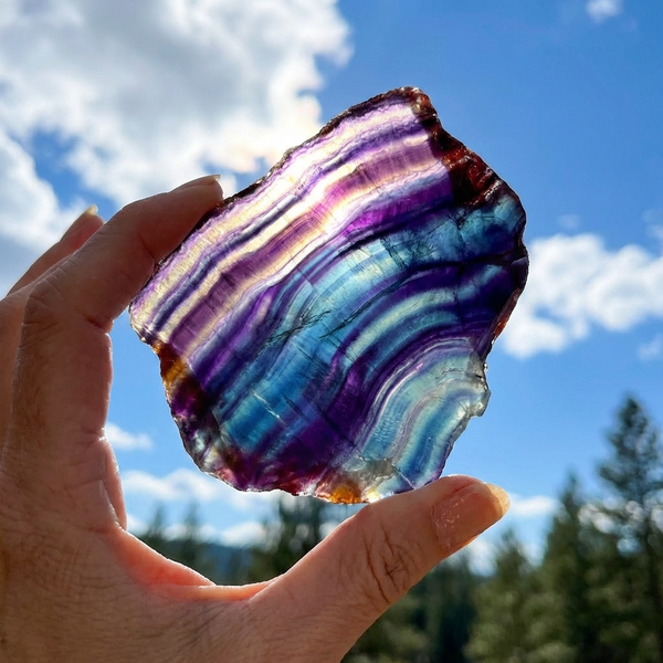 The rainbow fluorite slab held up to the sun, its translucent violet, blue and teal bands lit from behind