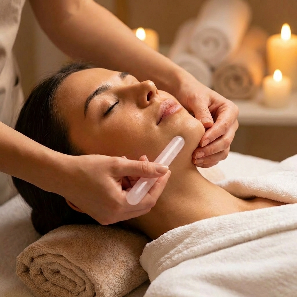 A rose quartz massage wand glided along the jawline during a relaxing spa facial