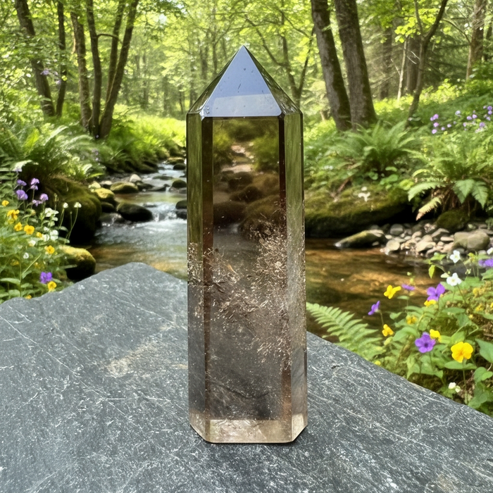 Smoky quartz mini point standing on a slate stone