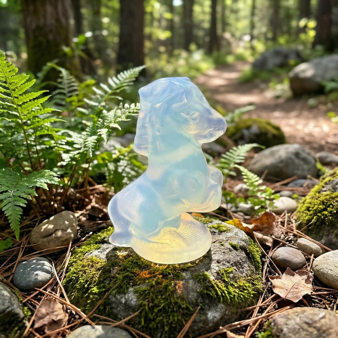 A milky blue-white opalite horse carving rearing on a round base, glowing gold at its base, on a mossy stone beside ferns