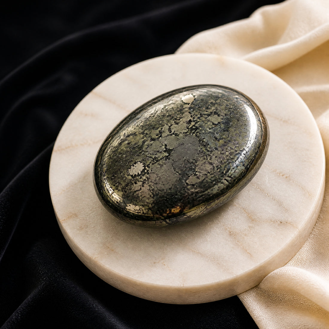 A polished oval pyrite palmstone with metallic gold flashes on a marble dish
