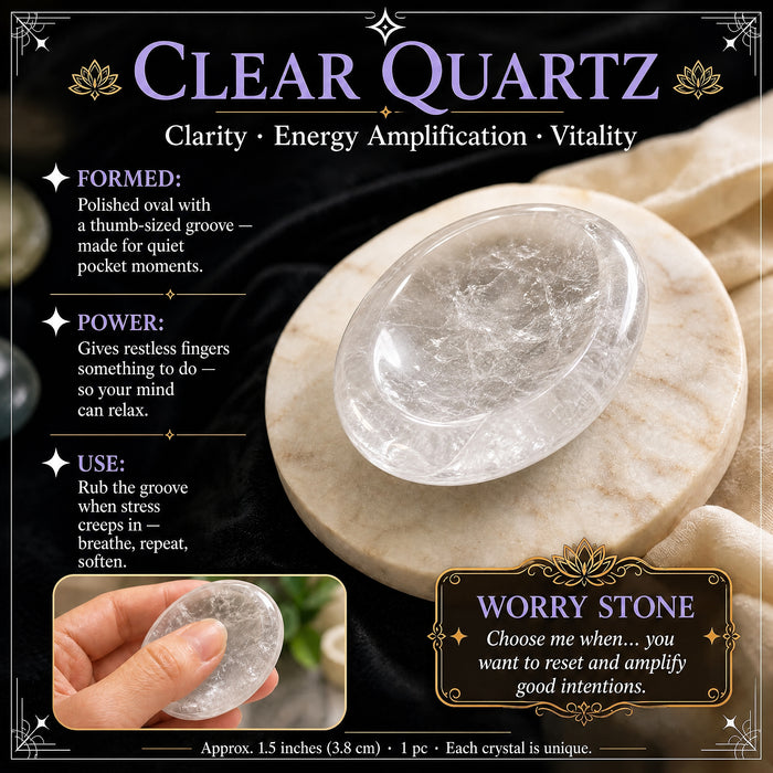 Clear Quartz worry stone: clear and icy, with a thumb groove
