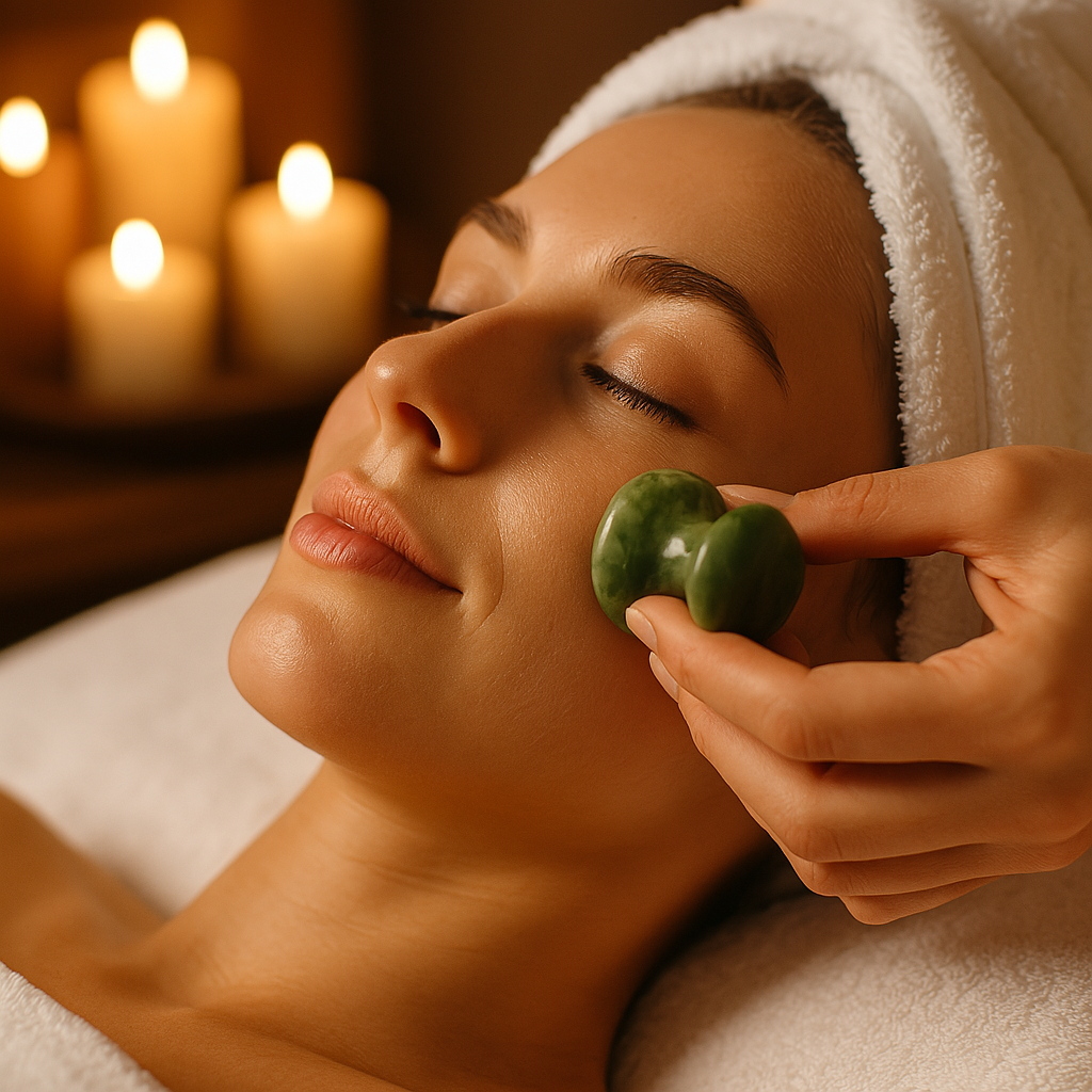 The green jade mushroom massager pressed gently against the cheek during a relaxing spa facial