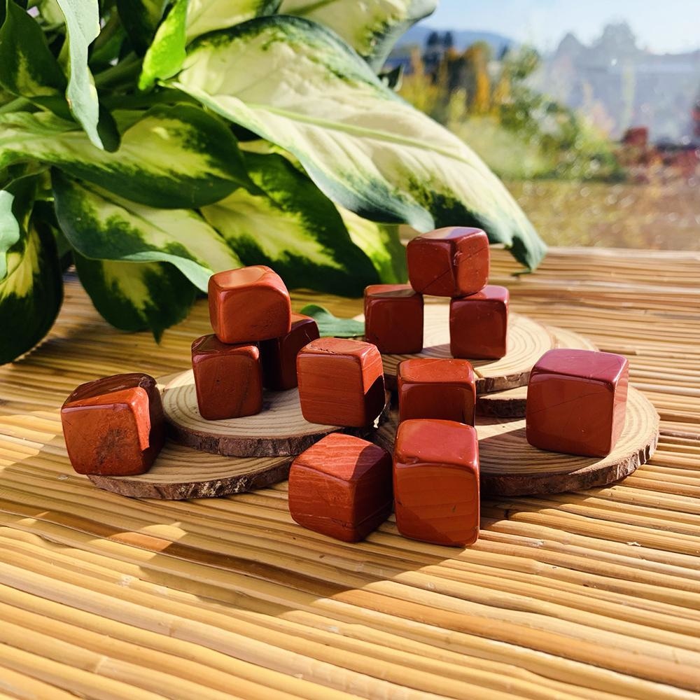 Polished red jasper tumbled cubes in brick and deep reds, stacked on wood slices in sunlight beside a leafy plant
