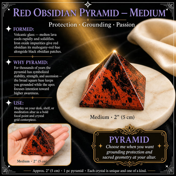 Medium red obsidian pyramid on a marble dish, with an inset of it resting in an open hand