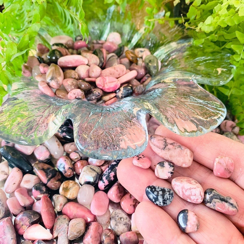 Pink rhodonite mini gemstones with black veins resting in an open palm beside a glass dish among ferns
