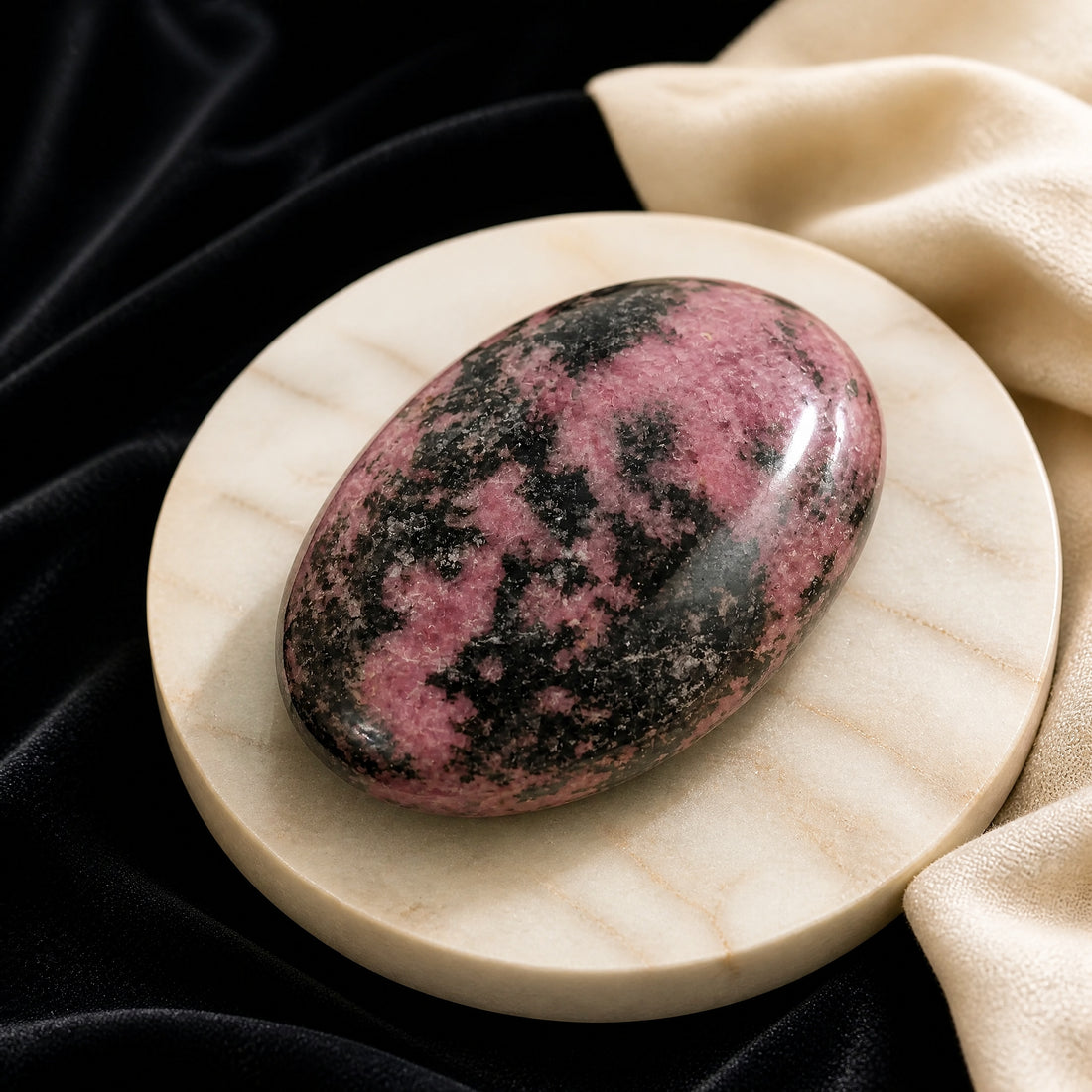 A polished oval rhodonite palmstone, rose pink with black markings, resting on a cream marble dish