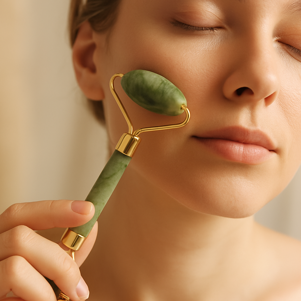 A woman with eyes closed gliding a green nephrite jade roller with a gold frame along her cheek