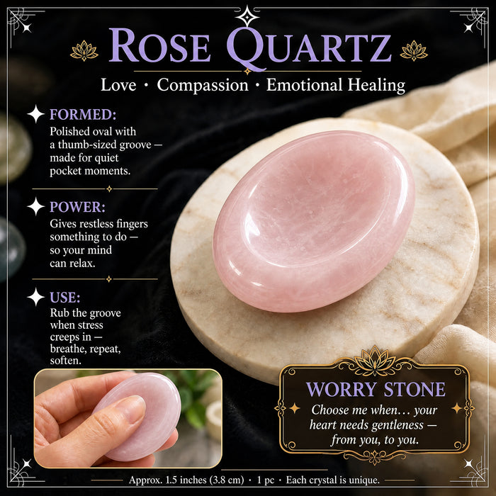 Rose Quartz worry stone: soft, milky pink, with a thumb groove