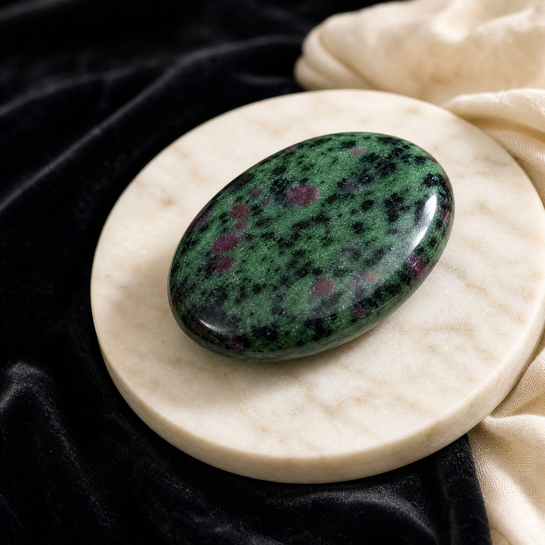 A polished oval ruby in zoisite palmstone, deep green with magenta ruby spots and black flecks, on a cream marble dish