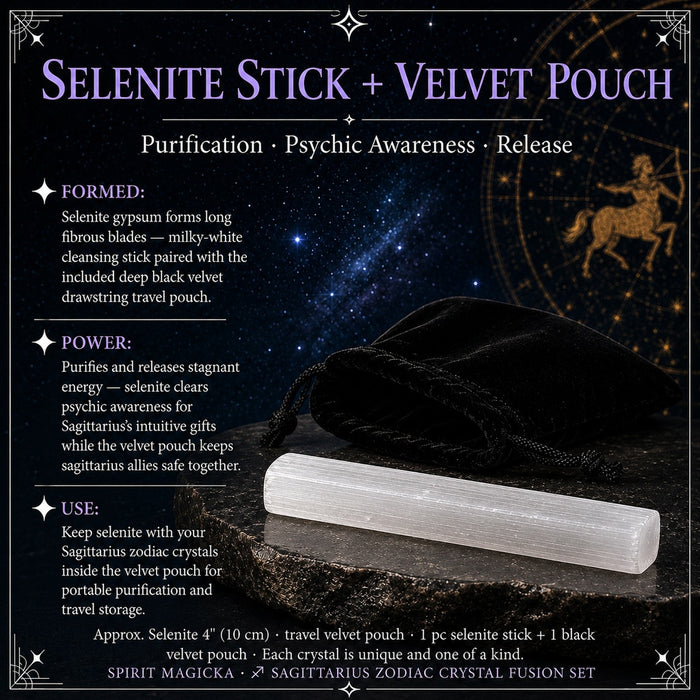 Milky-white selenite stick lying in front of a black velvet drawstring pouch