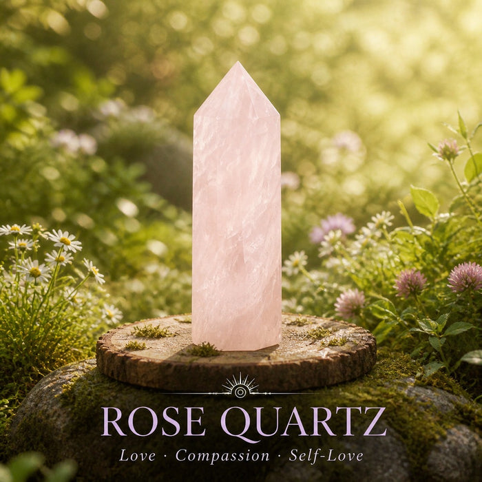 Pale pink rose quartz point on a wooden round among daisies and clover