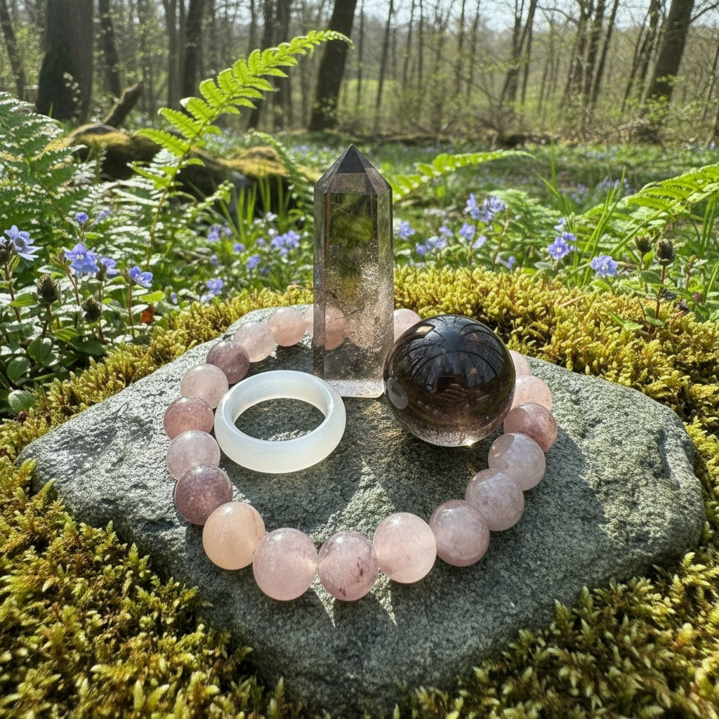The full set on a mossy stone: smoky quartz point, smoky quartz sphere, pink agate ring and purple aventurine mala bracelet