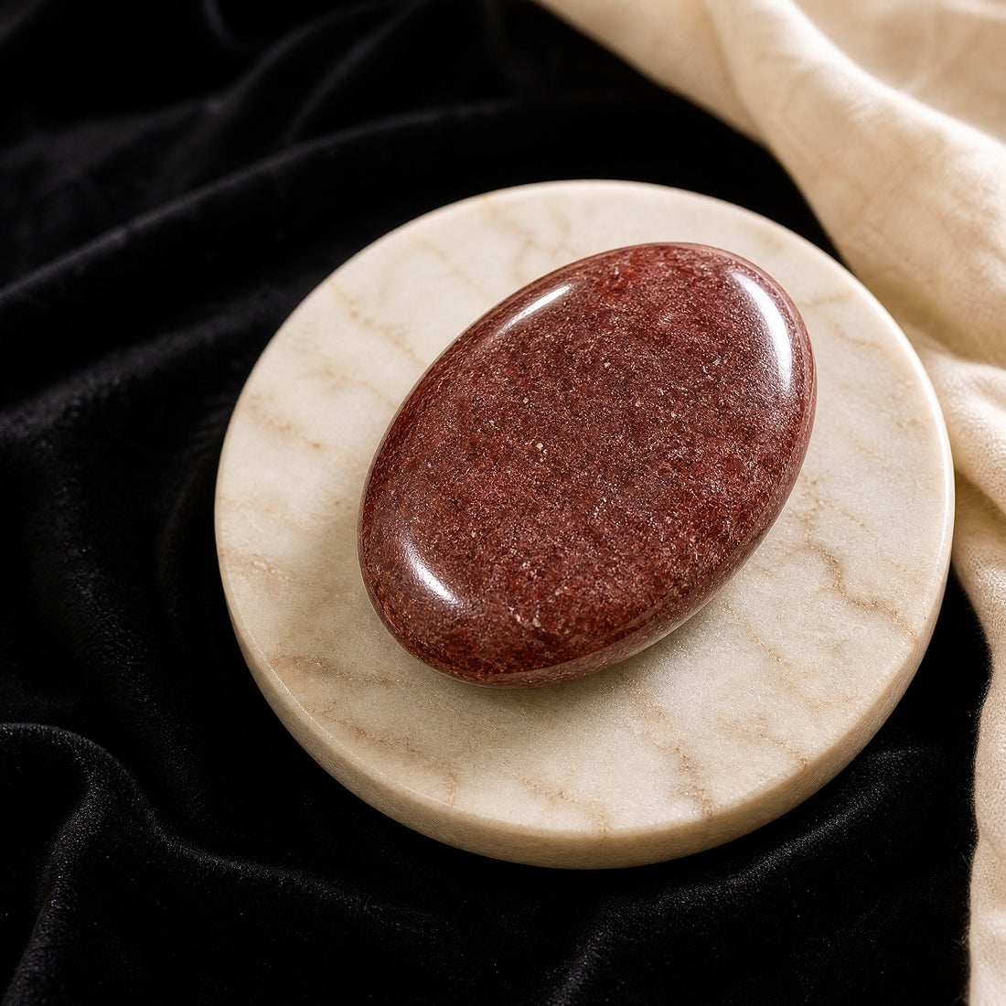 A polished oval strawberry quartz palmstone, deep pink-red with fine sparkling flecks, on a cream marble dish