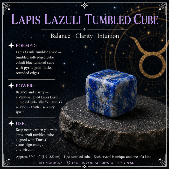 Tumbled lapis lazuli cube with rounded edges, cobalt blue with white and gold flecks