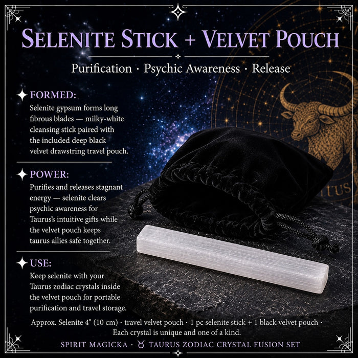 Milky-white selenite stick lying in front of a black velvet drawstring pouch