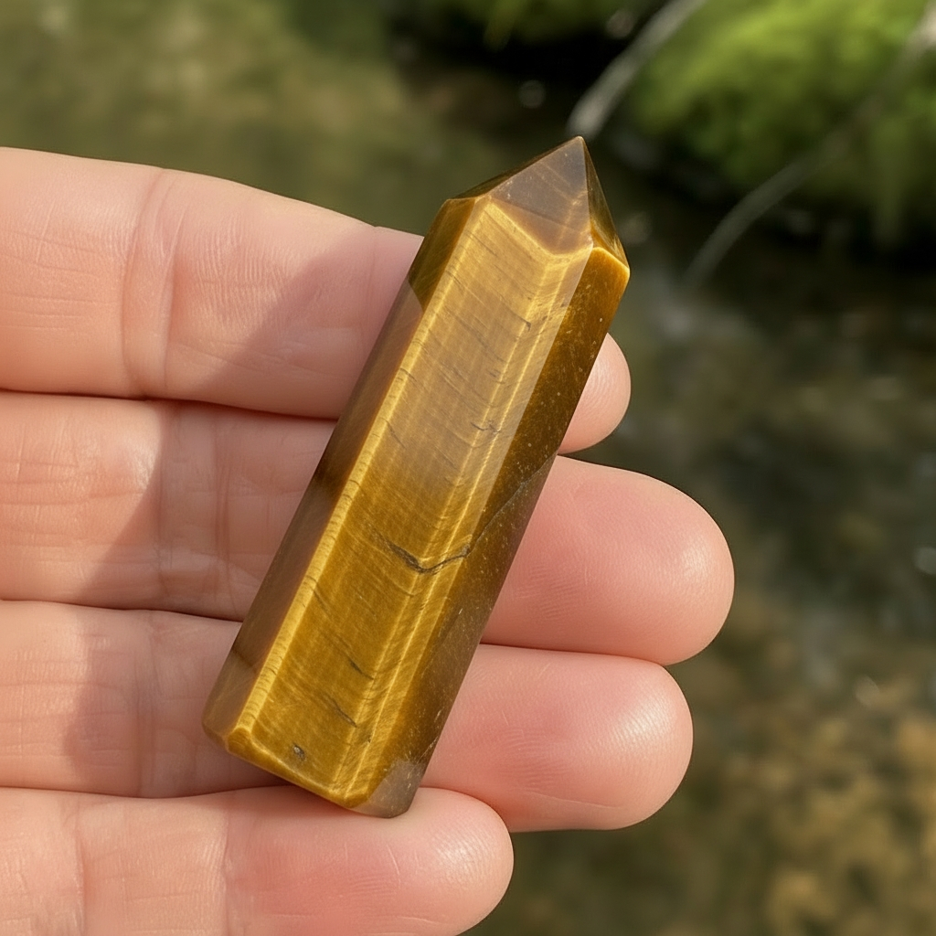 A golden brown tiger's eye mini point with silky light-catching bands resting across the fingers of a hand beside a stream