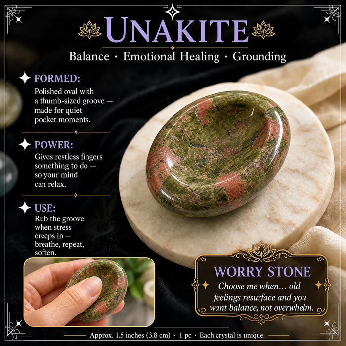Unakite worry stone: mossy green mottled with pink, with a thumb groove