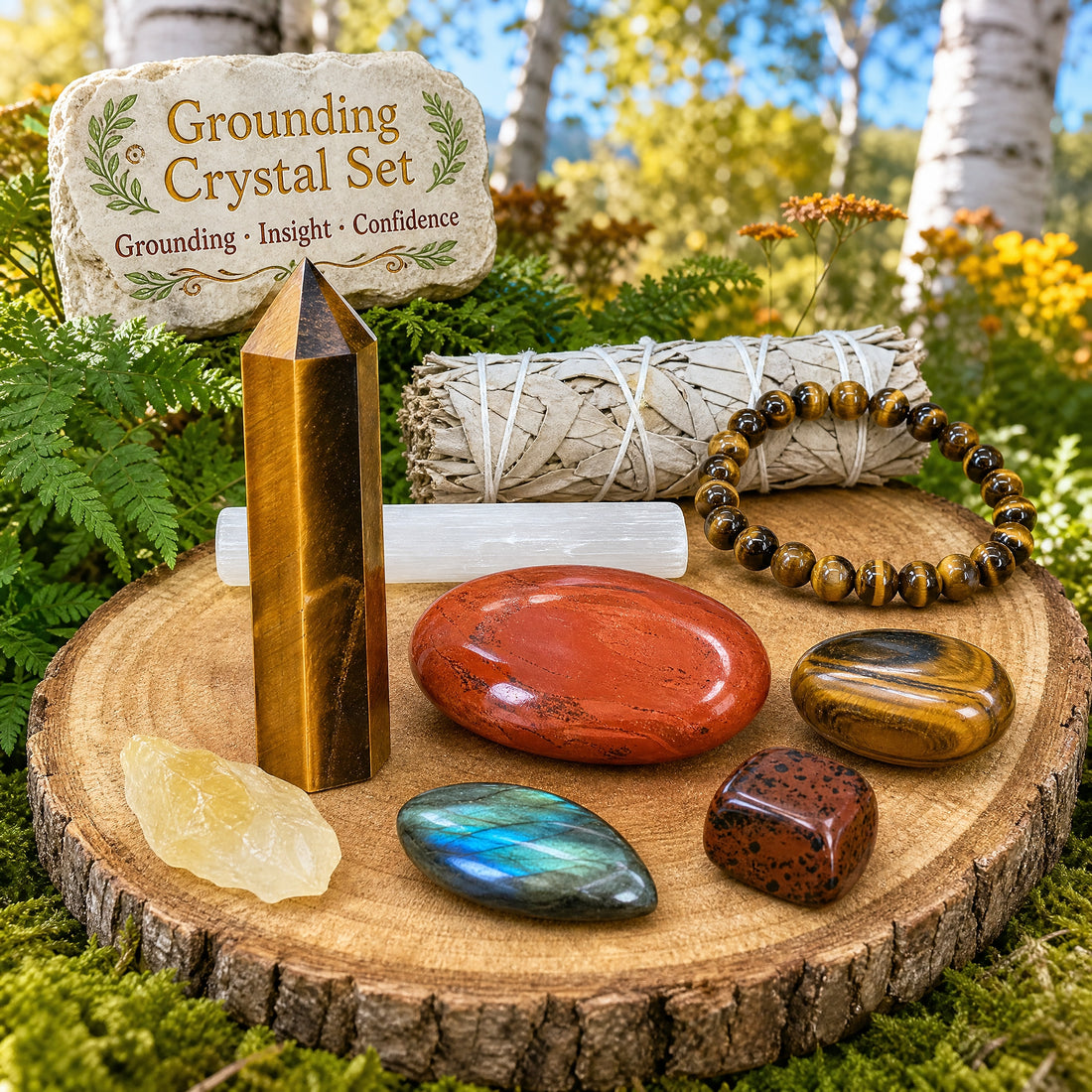The full Grounding Crystal Set on a wood slice in a birch glade: tiger’s eye point, sage stick, tiger’s eye mala bracelet, selenite stick, red jasper palmstone, tiger’s eye ellipse, labradorite cabochon, red obsidian tumbled stone and citrine shard