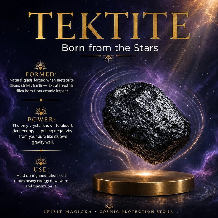 Black pitted tektite stone above a gold stand against a starry purple sky